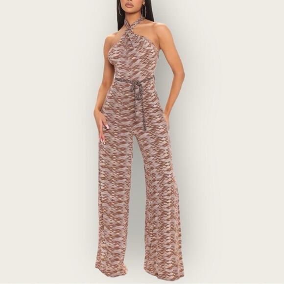 NWT | Fashion Nova | Belize Printed Jumpsuit | Brown | Medium - Picture 1 of 16